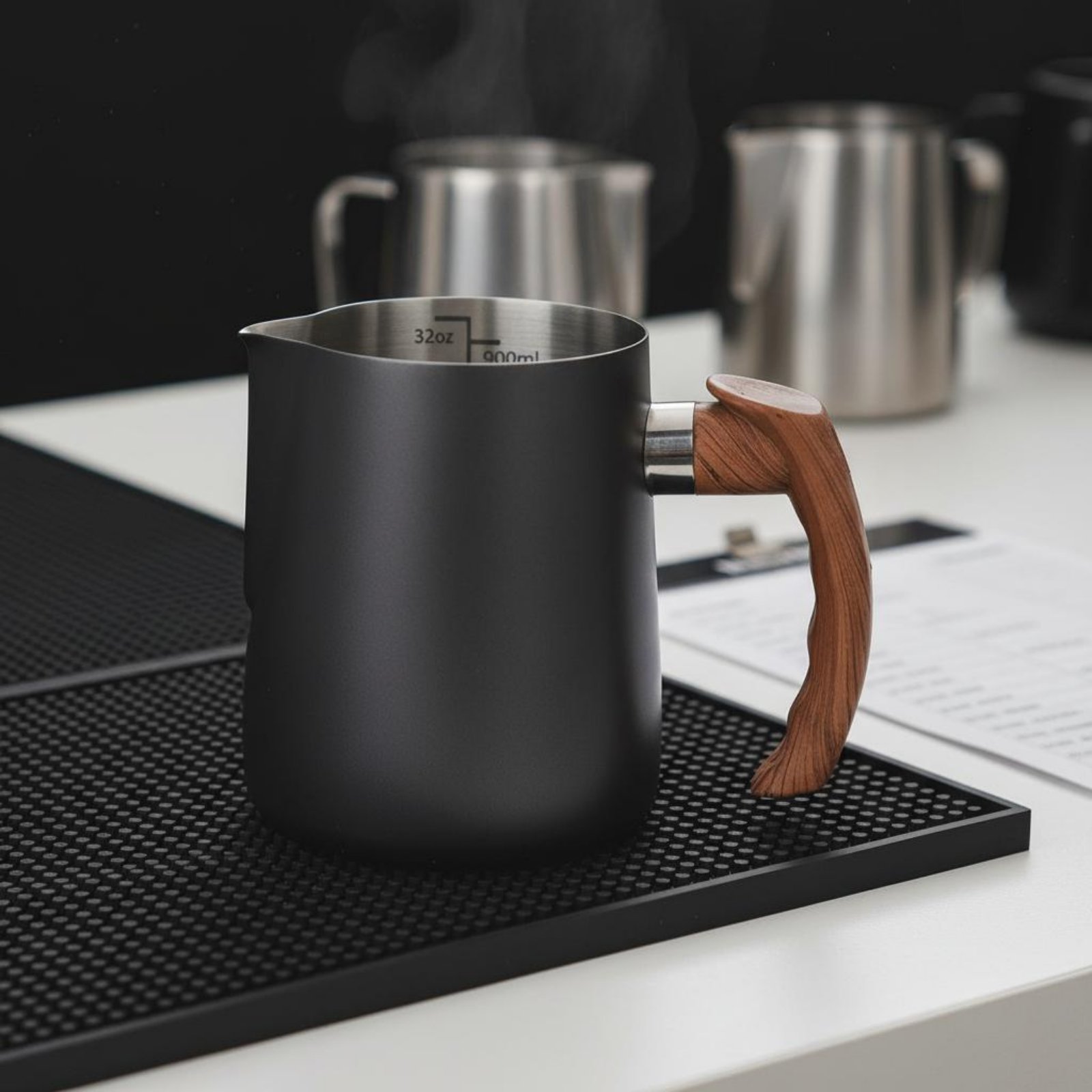 Latte Art Jug with Wooden Hand - Milk Steaming Pitcher のレビューと価格